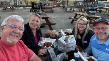 Enjoying an evening at No Label brewery with Cliff and Becky